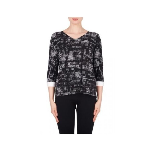 JOSEPH RIBKOFF 3/4 Sleeve Top Size 12 Black White Strap Shoulder Cuffs Stretchy - Picture 1 of 10